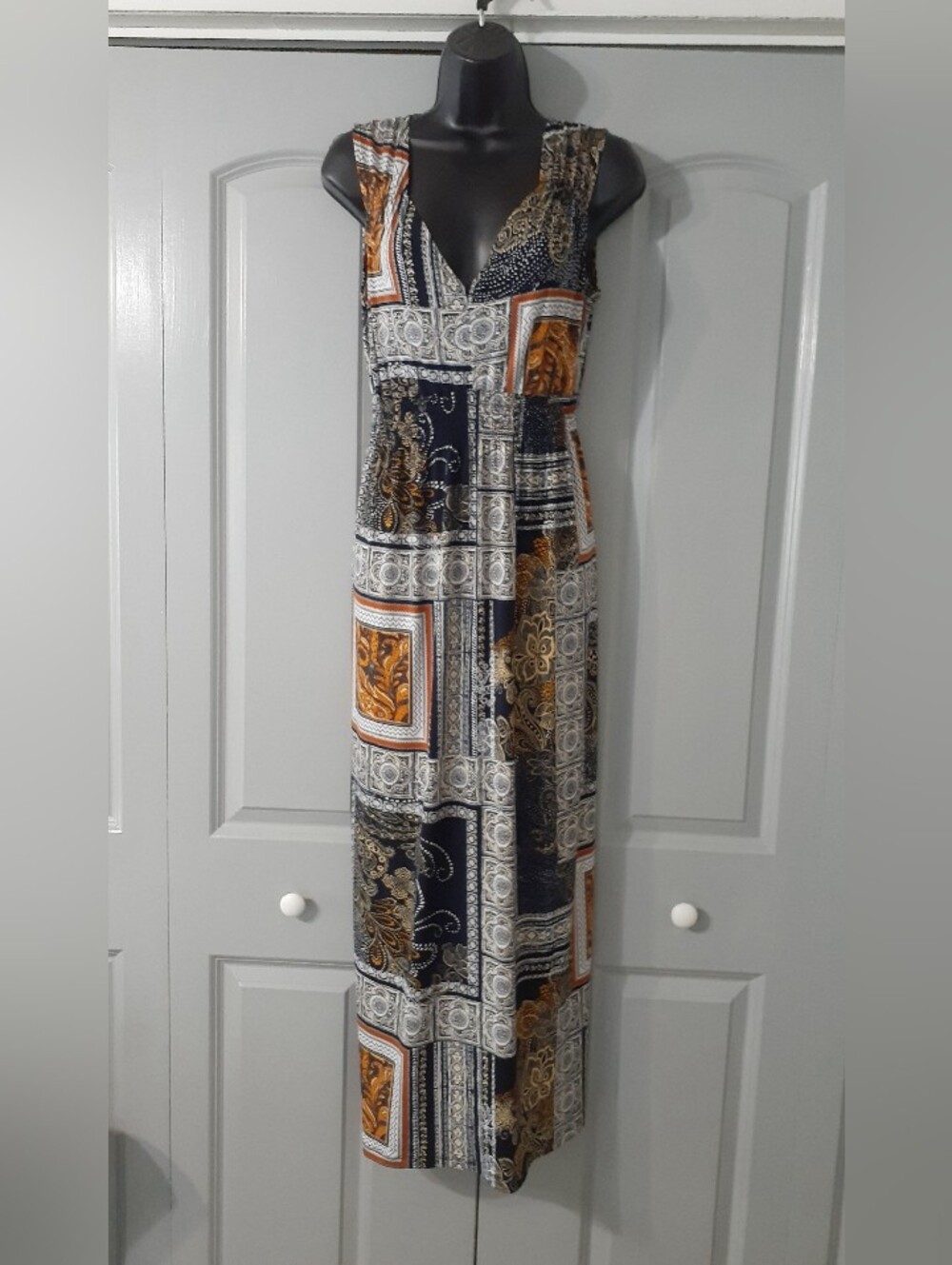 Enfocus Studio Navy, White & Gold Patchwork V-Neck Maxi Dress